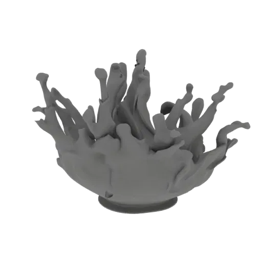 3D-модель динамичного всплеска жидкости, застывшая в воздухе со сложными усиками и каплями.