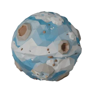 Низкополигональная 3D-модель карликовой планеты-газового гиганта, вид в игровом окне с трех четвертей, показывающий масштаб с