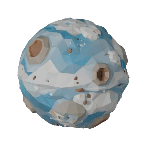 Низкополигональная 3D-модель карликовой планеты-газового гиганта, вид в игровом окне с трех четвертей, показывающий масштаб с