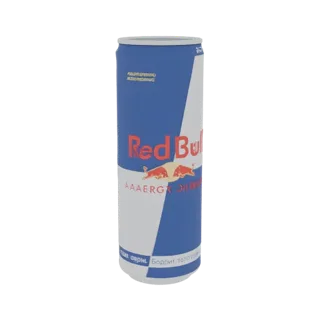 3D модель банки Red Bull с культовым сине-серебристым дизайном и логотипом.