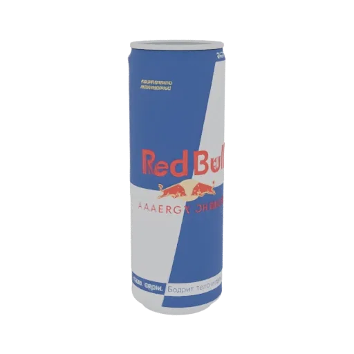 3D модель банки Red Bull с культовым сине-серебристым дизайном и логотипом.