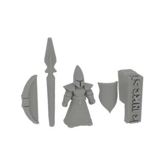 3D model of a fantasy warrior set featuring a spear, bow, shield, and a rune stone, presented on a white background.