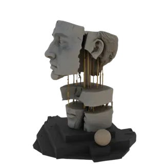 3D-модель деконструированной классической скульптуры головы с золотыми нитями, соединяющими фрагментированные части, на темно