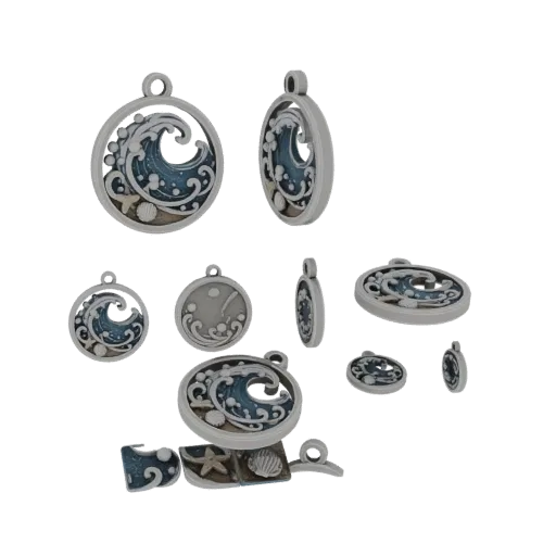 3D модель круглого кулона с стилизованной океанской волной, ракушками и морской звездой, с рамкой под серебро и петлей для по