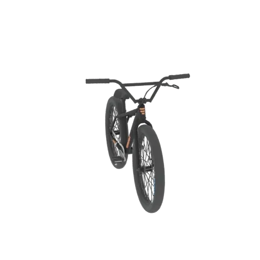 3D рендер черного BMX велосипеда с оранжевыми акцентами, вид сбоку под небольшим углом.