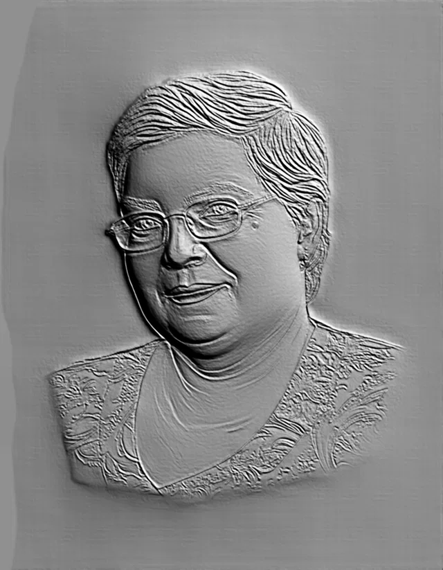 3D модель барельефа женского портрета в очках, выполненная в виде рельефного изображения.