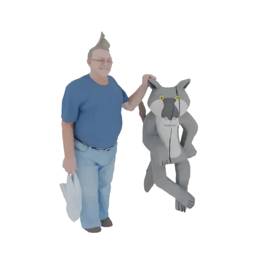 3D модель мужчины с колючими волосами и очками, в синей футболке и джинсах, рядом с серым мультяшным волком.