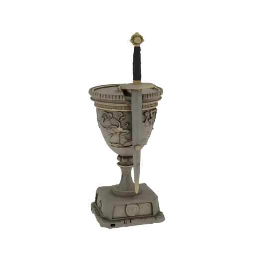 3D модель кубка победителя в средневековом стиле с воткнутым в него полуторным мечом 15 века, установленного на каменном пост