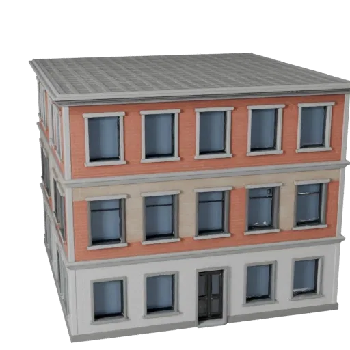 Модульный фасад уличного здания реалистичная 3D модель, вид с трех четвертей экстерьера, показывающий материалы модульного ст