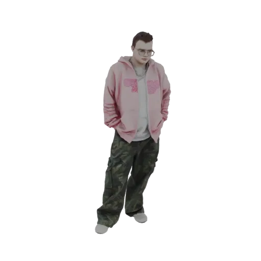 3D модель молодого человека в розовой толстовке, белой футболке и камуфляжных штанах, стоящего с руками в карманах.