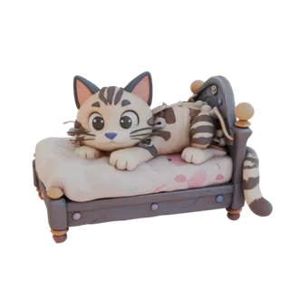 3D модель милого полосатого котика, лежащего на пышной кровати с узорами в стиле Дисней
