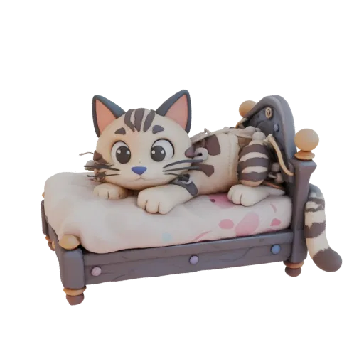 3D модель милого полосатого котика, лежащего на пышной кровати с узорами в стиле Дисней