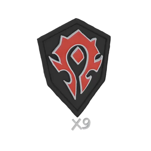 3D модель герба Орды из World of Warcraft, с красным символом на черном щите, под которым текст 'X9'.
