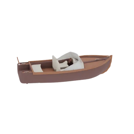 Вид сбоку 3D модели классической деревянной моторной лодки с коричневым корпусом и белым навесом.
