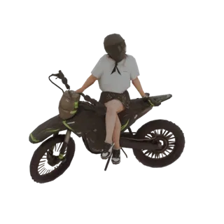 3D модель девушки в шлеме и повседневной одежде, сидящей на черном и зеленом питбайке.