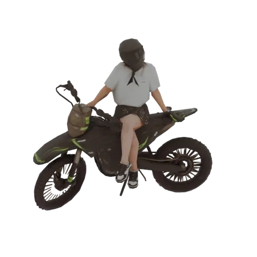 3D модель девушки в шлеме и повседневной одежде, сидящей на черном и зеленом питбайке.