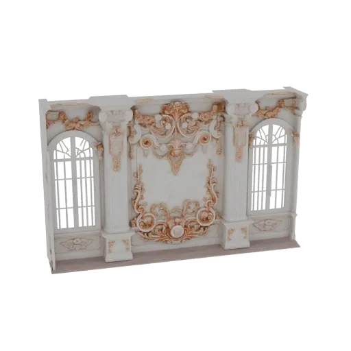 3D модель барочной стеновой панели с двумя арочными окнами, классическими колоннами и изысканными золотыми декоративными элем