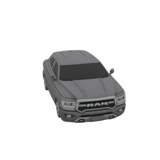 3D модель серого пикапа Ram, вид спереди справа под небольшим углом, на белом фоне.
