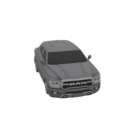 3D модель серого пикапа Ram, вид спереди справа под небольшим углом, на белом фоне.