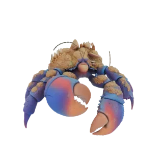 3D модель фэнтезийного краба с панцирем с песчаной текстурой и яркими сине-оранжевыми клешнями, в динамичной позе.