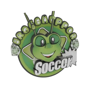 3D модель зеленого жука-маскота с футбольным мячом и словом 'Soccer' жирным шрифтом.