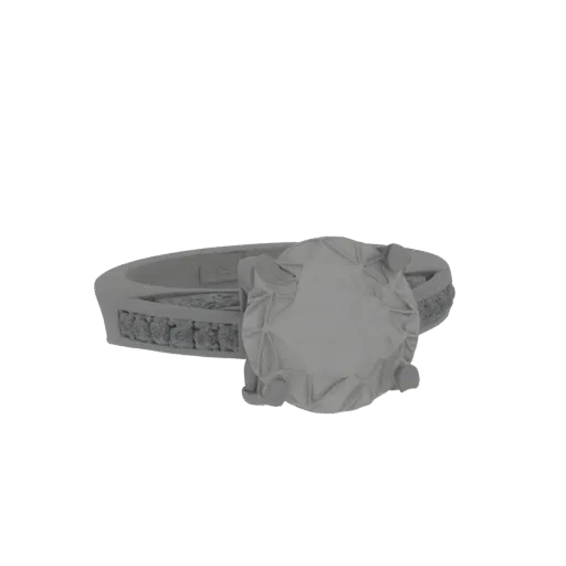 3D модель обручального кольца с бриллиантом, крупным центральным камнем и ободком с бриллиантами канальной закрепки.