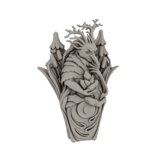 3D модель загадочного лесного стража с рогами, держащего кристаллы и одетого в лиственную одежду, на белом фоне.