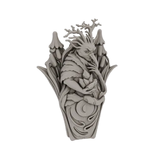 3D модель загадочного лесного стража с рогами, держащего кристаллы и одетого в лиственную одежду, на белом фоне.