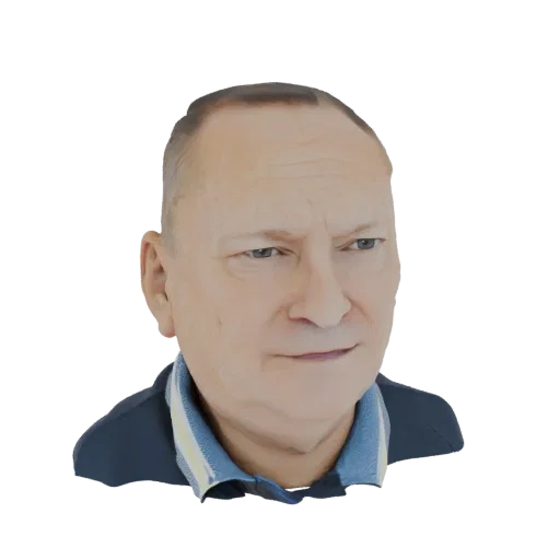 3D рендер бюста пожилого мужчины, показывающий детали лица и рубашку с воротником.