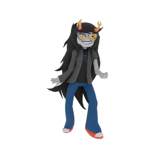 3D модель Вриски Серкет из Homestuck, стоящая в уверенной позе, в фирменных очках и синих штанах.