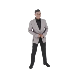 3D модель мужчины, уверенно стоящего в светло-фиолетовом пиджаке, черной рубашке и черных брюках, со скрещенными руками.