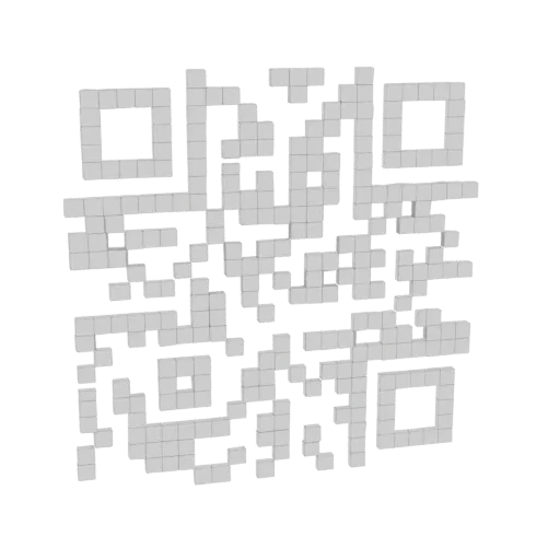 3D модель QR-кода с кубической текстурой, светло-серая на белом фоне.