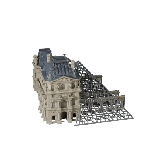 Низкополигональная 3D модель пирамиды Лувра, готовая для игры, внешний вид, показывающий материалы структуры достопримечатель