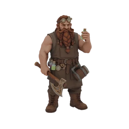 3D модель алхимика-гнома в стиле стимпанк с топором и зельем, в очках и фартуке с шестеренками.