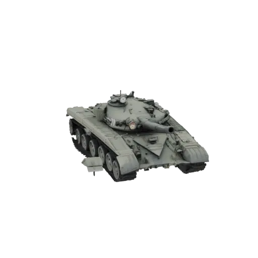 3D модель советского основного боевого танка Т-62, показанная с трехчетвертного переднего ракурса на белом фоне.