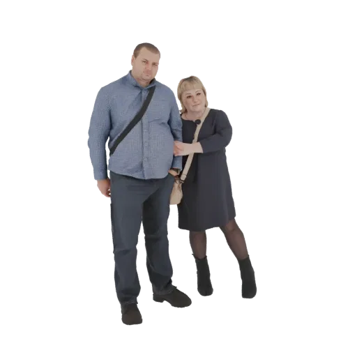 3D model of a man in a blue shirt and a woman in a dark dress posing together, with the man carrying a shoulder bag.