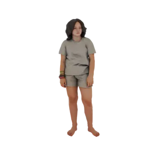 3D модель девушки с темными волосами в серой футболке и шортах, с цветными браслетами на левом запястье, на белом фоне.