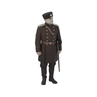 3D модель офицера Российской Империи в темной форме с эполетами и саблей, стоящего по стойке смирно.