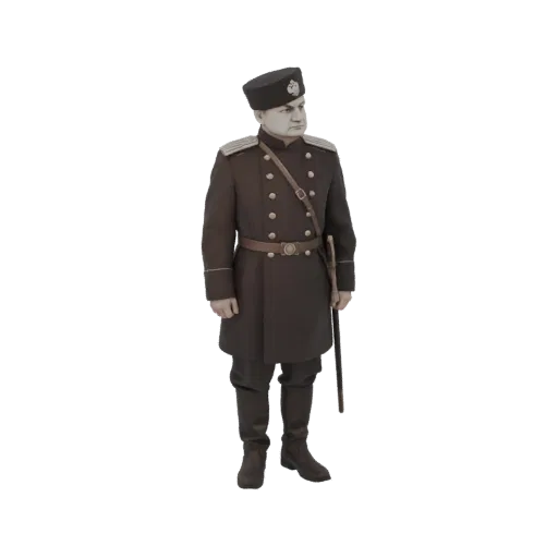 3D модель офицера Российской Империи в темной форме с эполетами и саблей, стоящего по стойке смирно.