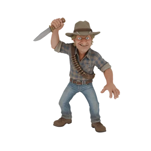 3D модель Мика Тейлора из Wolf Creek, угрожающе держащего нож со зловещей ухмылкой.