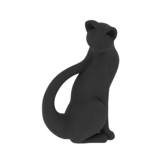 3D рендер изящной, минималистичной скульптуры черной кошки, элегантно сидящей на белом фоне.