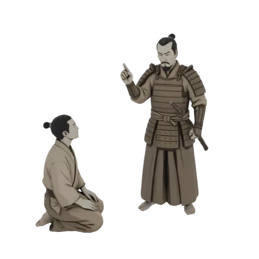 3D модель самурая в доспехах, указывающего пальцем на коленопреклоненного подчиненного, в сепии.
