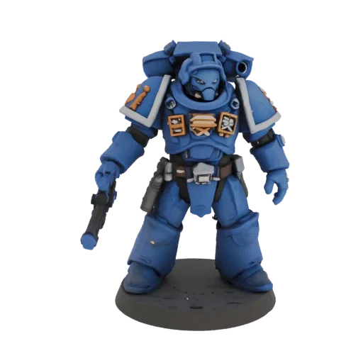 3D модель синего космического десантника Warhammer 40,000 с болтером, стоящего на подставке