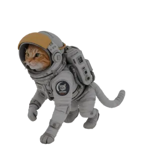 3D модель рыжего кота в детальном белом скафандре с желтым шлемом, в позе идущего.