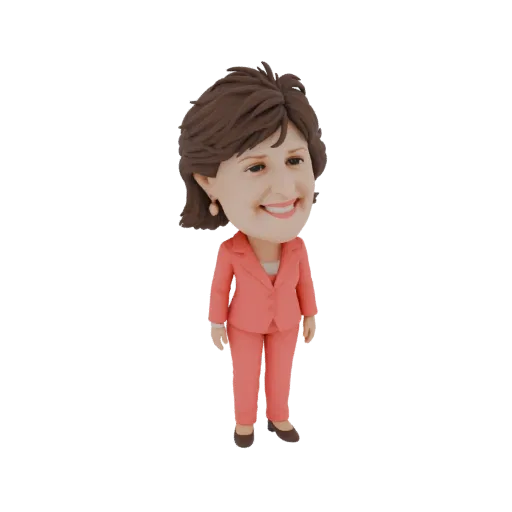 3D-модель бизнес-леди с головой-качалкой в коралловом костюме, улыбающаяся.