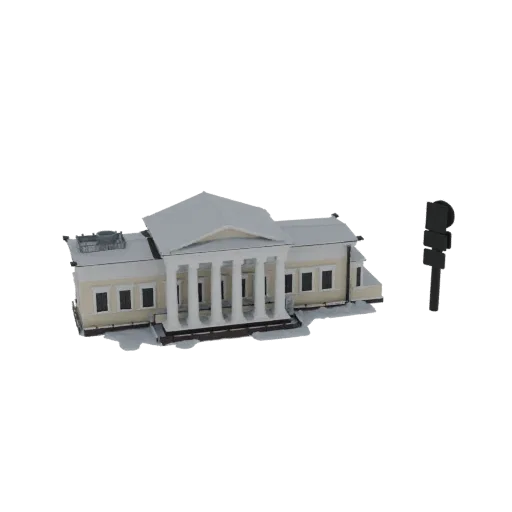 3D модель неоклассического здания с белыми колоннами и крышей, покрытой снегом, рядом с черным светофором.