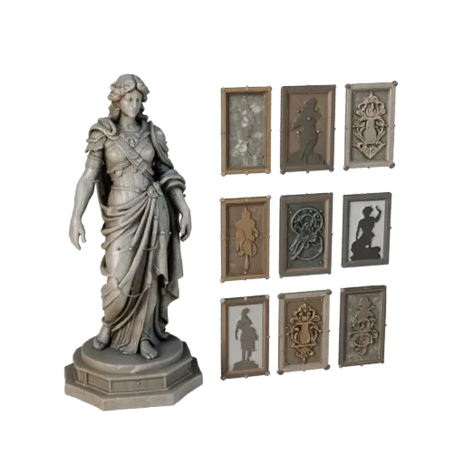 Предварительный просмотр модульного 3D-набора статуи садового животного, показывающий силуэт, вид сверху для сборки, пьедеста
