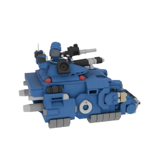 3D-рендер синего танка, собранного из кубиков в стиле Lego, с вращающейся башней и детализированными гусеницами.