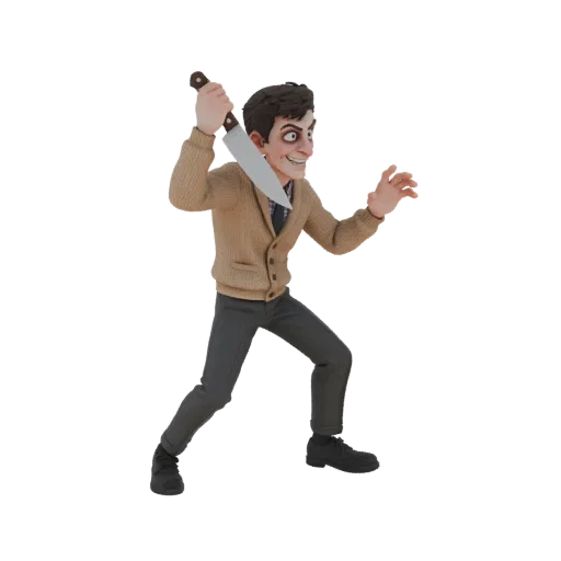 3D модель жуткого мужчины с темными волосами, угрожающей ухмылкой, в коричневом кардигане и с большим ножом.