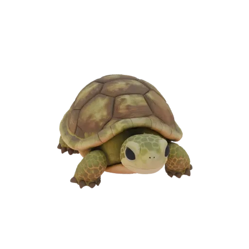 3D модель мультяшной черепахи с зеленым панцирем и добрыми глазами, на белом фоне